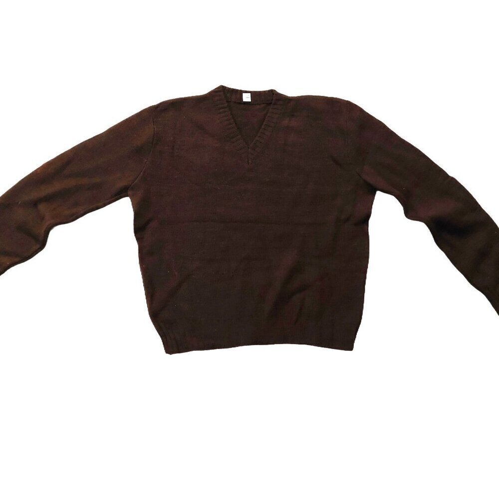 Retro Vintage 1940s-1950s Chocolate Brown V-Neck Long Sleeve Knit Sweater